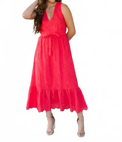 Lovestitch Hit Hot Eyelet Midi Dress In Coral In Pink