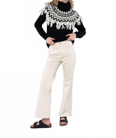 Lovestitch Intarsia Patterned Turtle Neck Fringe Sweater In Black/ivory In Multi
