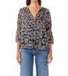 Lovestitch Jordan Floral V-split Neck Puff Sleeve Blouse In Black/ Grey In Black