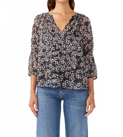 Lovestitch Jordan Floral V-split Neck Puff Sleeve Blouse In Black/ Grey