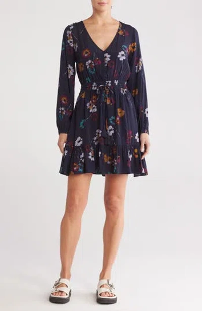 Lovestitch Long Sleeve Floral Print Dress In Navy/mustard
