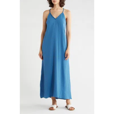 Lovestitch Mesh Racerback Cotton Gauze Midi Dress In Blue