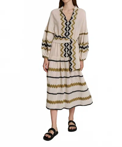 Lovestitch Mona Jacquard Zigzag Maxi Dress In Khaki/offwhite In Beige