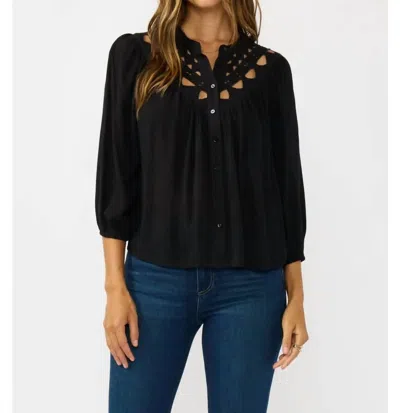 Lovestitch Embroidered Cutout Yoke Button Down Blouse In Black