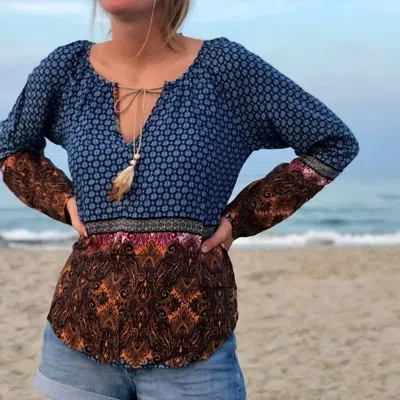 Lovestitch Paisley Border Feather Tassel Top In Blue Navy