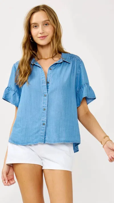Lovestitch Ruffle Sleeve Button Down Top In Blue