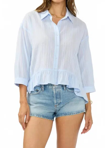 Lovestitch Ruffle Sleeve Embroidered Pintuck Button Down Top In Light Blue