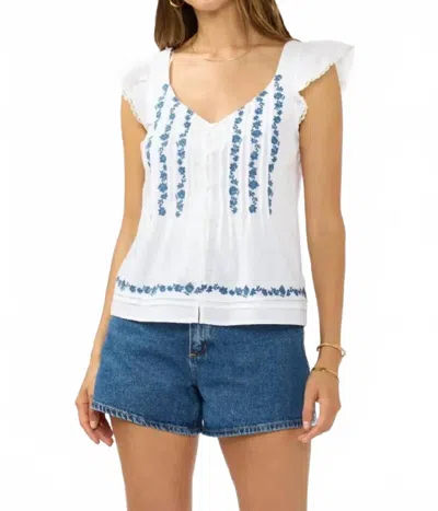 Lovestitch Ruffle Sleeve Top In White With Blue Embroidery In Multi