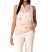 Lovestitch Sheer Floral Button Front Ruffle Neck Tank Top In Natural Coral In Multi