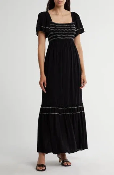 Lovestitch Smocked Contrast Stitch Maxi Dress In Black/ivory