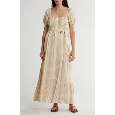 Lovestitch Stripe Puff Sleeve Maxi Dress In Natural/tan
