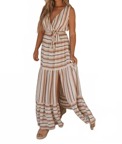 Lovestitch Striped Surplice Tiered Maxi Dress In Natural Tan In Brown