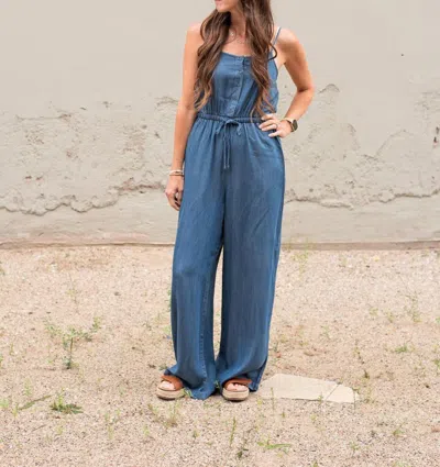 Lovestitch Tencel Sleeveless Button Front Wide Leg Jumpsuit In Denim Blue In Multi