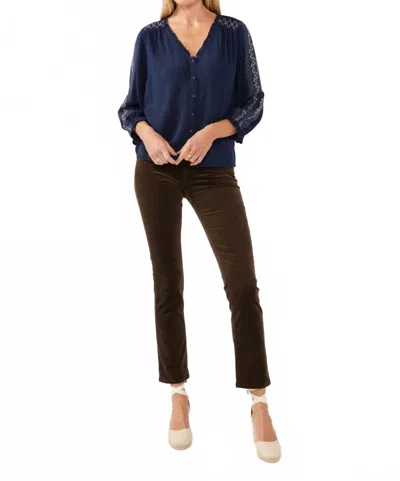 Lovestitch Three Quarter Sleeve Button Front Top In Navy In Blue
