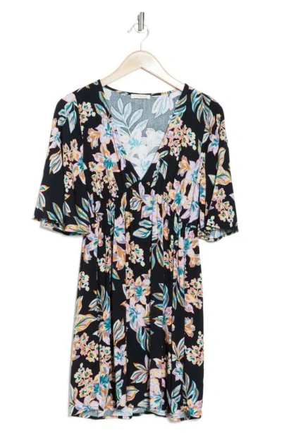 Lovestitch Tropical Floral Minidress In Black/ Pink