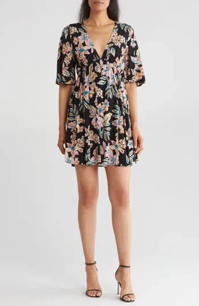 Lovestitch Tropical Floral Minidress In Black/pink