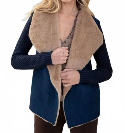 Lovestitch Vegan Suede Fur Combo Short Cardigan In Navy/camel In Blue