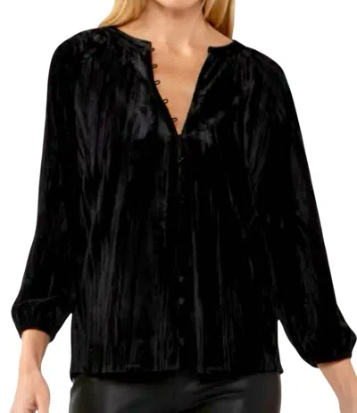 Lovestitch Velvet Button Front V Neck Blouse In Black