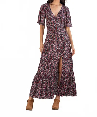 Lovestitch Vintage Floral Print Flutter Sleeve Maxi Dress In Black/fuchsia In Brown