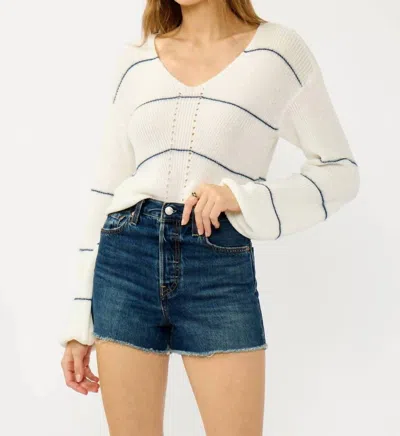 Lovestitch V-neck Fuzzy Stripe Sweater In Cream/navy In White