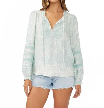 Lovestitch Women's Floral Embroidered Lace Trim Split Neck Blouse In Turquoise In Blue