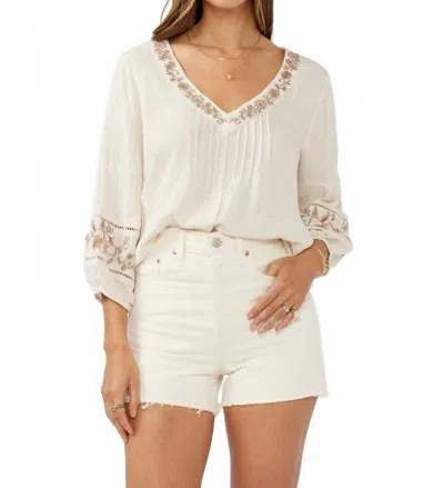 Lovestitch Women's Quarter Sleeve V Neck Top In Natural/ Brown In Multi