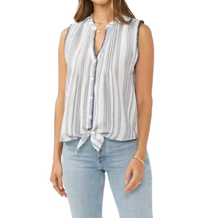 Lovestitch Yarn-dyed Button-down Tie Front Tank Top In Navy Natural In Multi