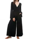 Loving People V-neck Bell Long Sleeve Wide Leg Jumpsuit In Black In Black