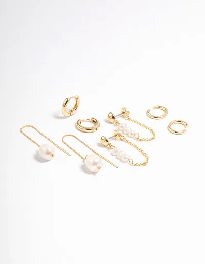 Lovisa - Gold Plated Freshwater Pearl Threader Huggie Earrings 4-pack In Beige