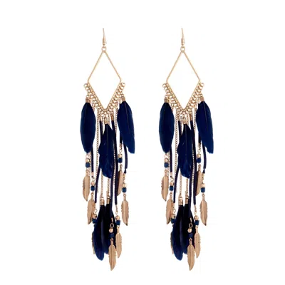 Lovisa Antique Gold Blue Tassel Diamante Chain Feather Earrings In Multi