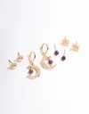 Lovisa Gold Amethyst Mixed Star & Moon Stacker Earrings In Gold