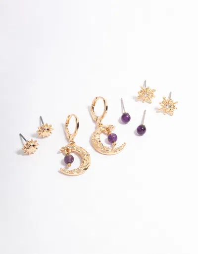 Lovisa Gold Amethyst Mixed Star & Moon Stacker Earrings