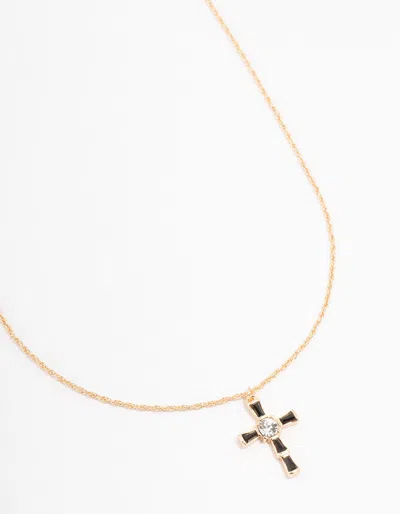 Lovisa Gold Baguette Czech Crystal Cross Necklace In Black