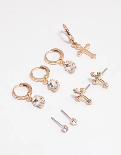 Lovisa Gold Cross Diamante Huggie Earrings 4-pack