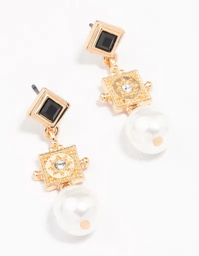 Lovisa Gold Diamond Square Pearl Drop Earrings In Black