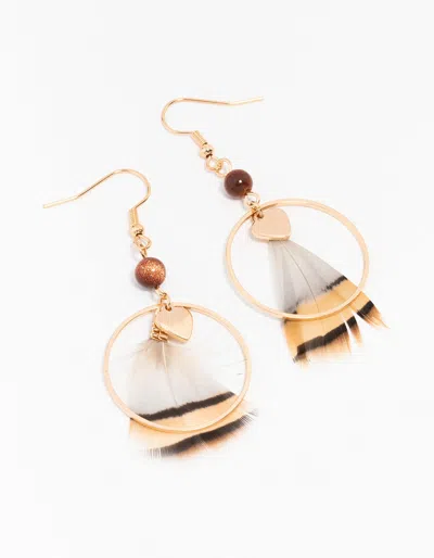 Lovisa Gold Feather & Bead Ring Drop Earrings In Brown