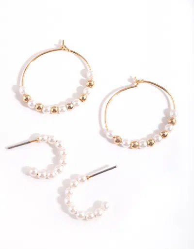 Lovisa Gold Pearl Bead Hoop Earring Pack In Metallic