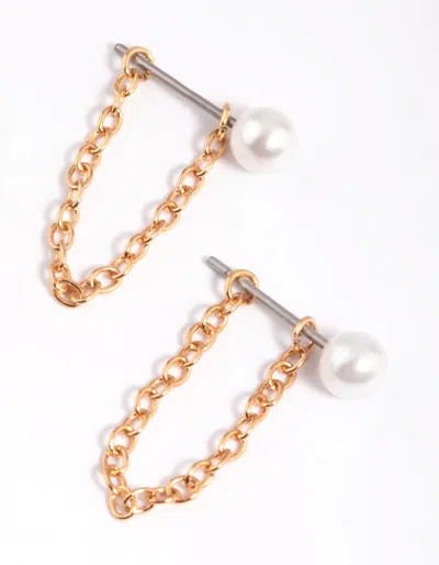Lovisa Gold Pearl Chain Jacket Earrings In White