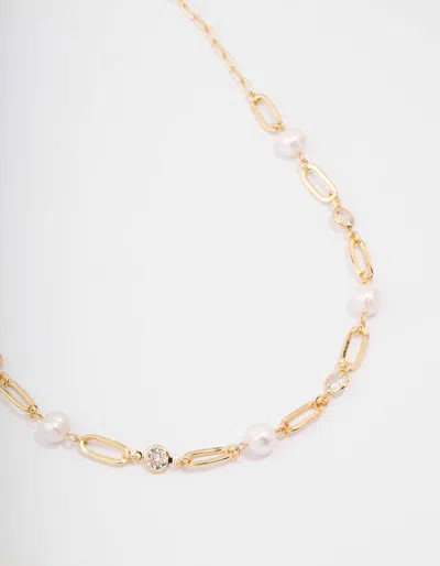 Lovisa Gold Plated Alternating Cubic Zirconia & Pearl Link Short Necklace In White