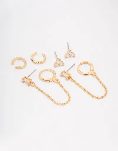 Lovisa Gold Plated Baguette Chain Flower Earring 4-pack Premium Gold Plated On Brass Hypoallergenic Elegant In Multi