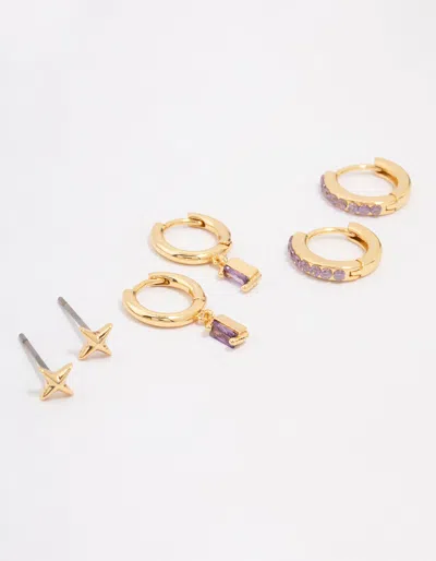 Lovisa Gold Plated Barbie Baguette Hoop Earring 3-pack In Purple