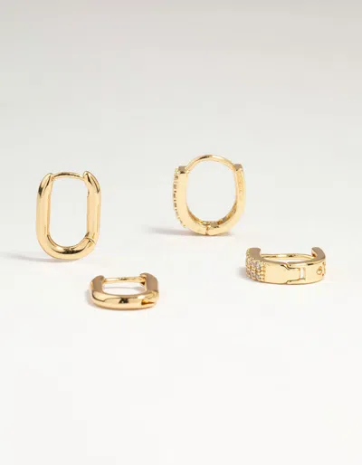 Lovisa Gold Plated Brass Oval Plain & Cubic Zirconia Huggie Earrings 2-pack