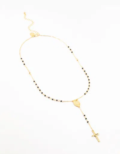 Lovisa Gold Plated Cross Mary Beaded Necklace In Black