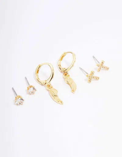 Lovisa Gold Plated Cross Wing Cubic Zirconia Earring 3-pack In Transparent