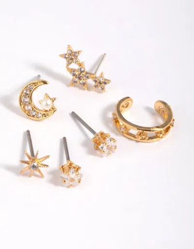 Lovisa Gold Plated Cubic Zirconia Celestial Stud Earrings 6-pack Premium Gold Plated On Brass Hypoallergeni In Multi