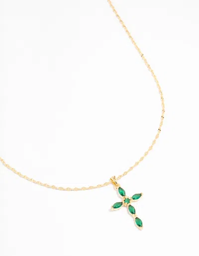 Lovisa Gold Plated Cubic Zirconia Emerald Marquise Cross Necklace In Green
