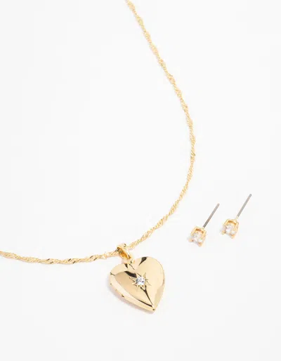 Lovisa Gold Plated Cubic Zirconia Heart Locket Necklace & Stud Earrings Set