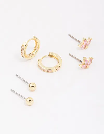 Lovisa Gold Plated Cubic Zirconia Marquise Earring 3-pack Premium Gold Plated On Brass Hypoallergenic Elega In Pink