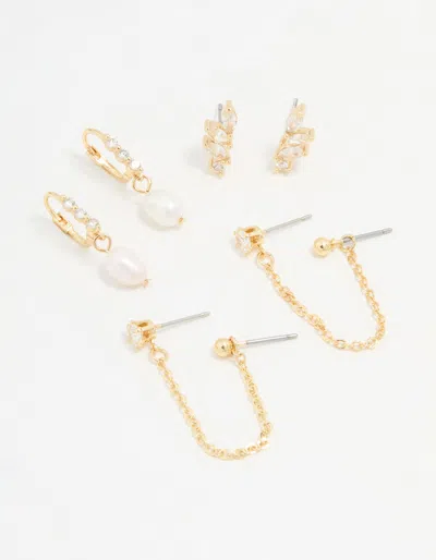 Lovisa Gold Plated Cubic Zirconia Marquise Freshwater Pearl Earrings 3-pack