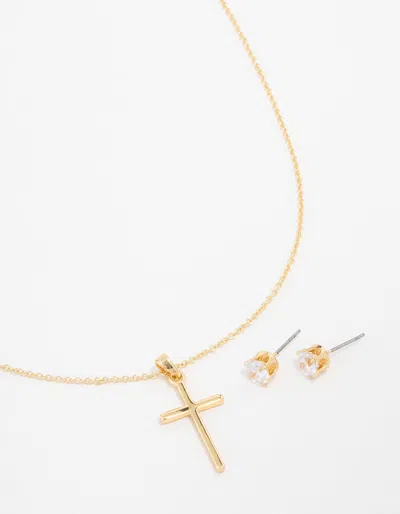 Lovisa Gold Plated Cubic Zirconia Plain Cross Necklace & Stud Earrings